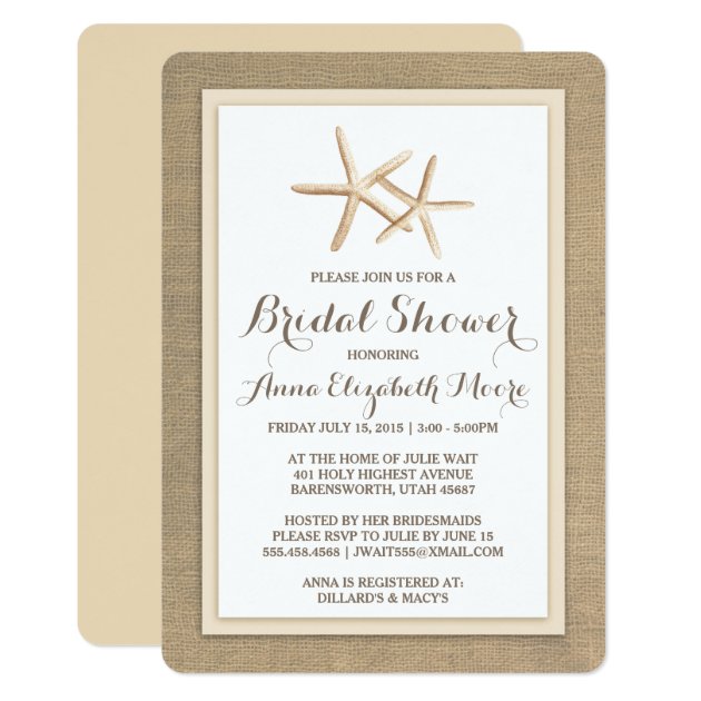 Starfish Burlap Beach Bridal Shower Invitation