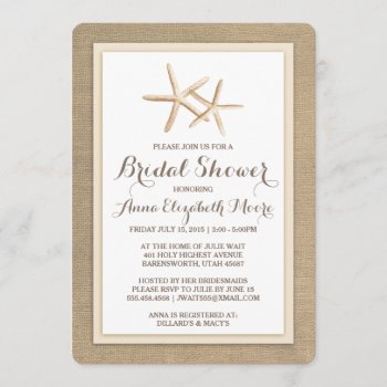 Starfish Burlap Beach Bridal Shower Invitation by ModernMatrimony at Zazzle