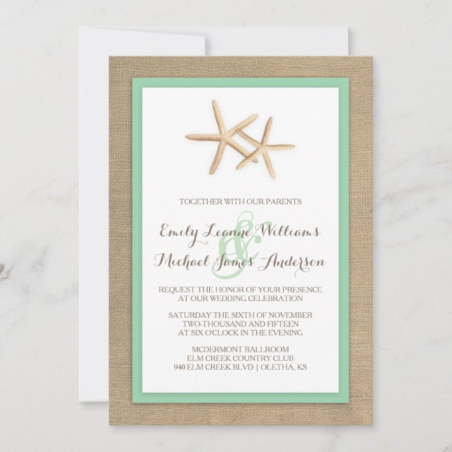 Starfish Burlap Beach Tropical Wedding Invitation (Front)