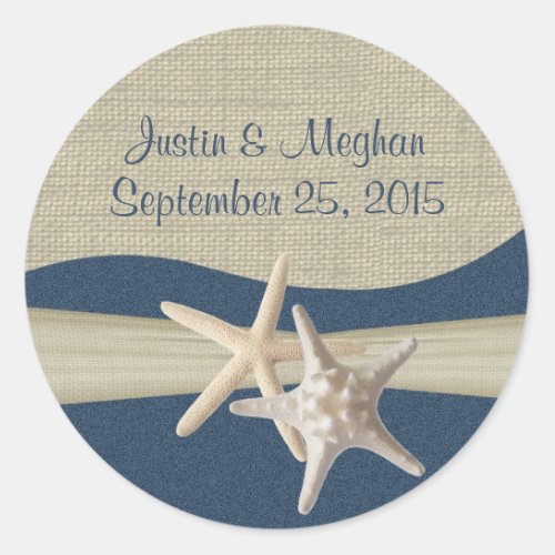 Starfish  Burlap Navy Blue Beach Classic Round Sticker