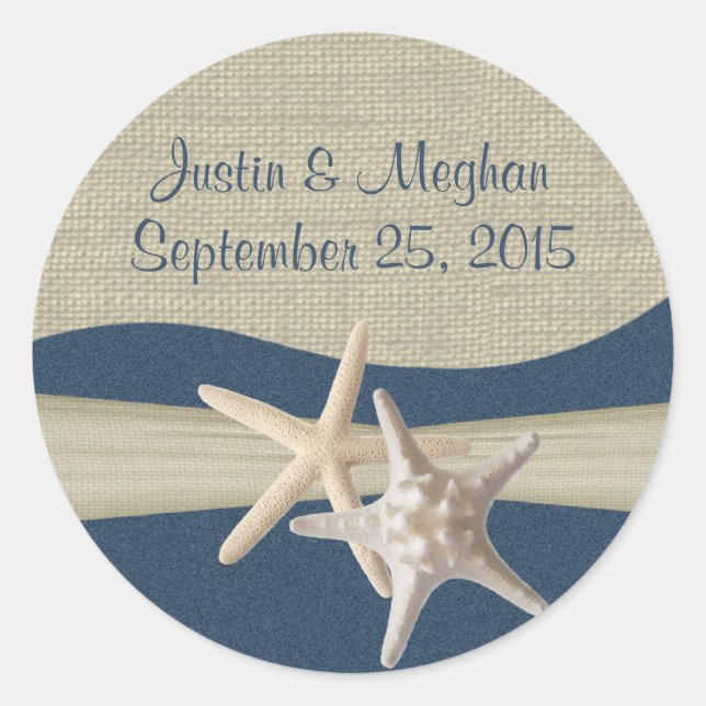 Starfish & Burlap Navy Blue Beach Classic Round Sticker (Front)