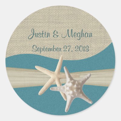 Starfish & Burlap Teal Beach Classic Round Sticker