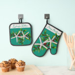 Starfish Christmas Kitchen Baking Oven Mitt & Pot Holder Set<br><div class="desc">Christmas kitchen pot holder and oven mitts with a tropical beach theme. White starfish, or sea stars, with green holly leaves, is the design on both items, with places to personalize. Background color is turquoise, blue-green. Example text on the oven mitt is "Merry Christmas" with the cook's name and "kitchen"...</div>