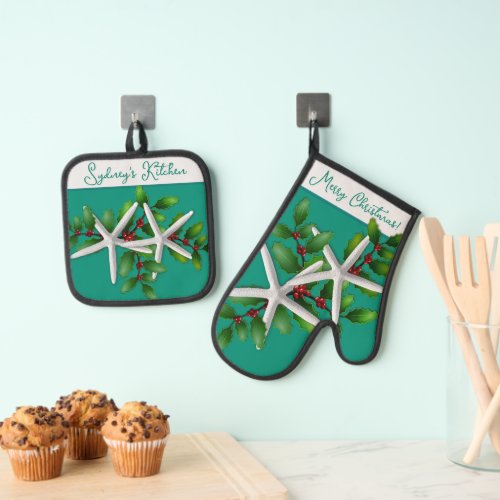 Starfish Christmas Kitchen Baking Oven Mitt  Pot Holder Set