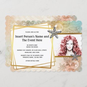 Starfish Clam Shell Geometric Gold Photo Party Invitation by mensgifts at Zazzle