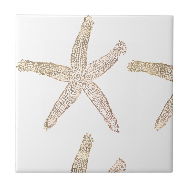 Starfish Coastal Beach Grey Gray White Beige Gift  Ceramic Tile (Front)