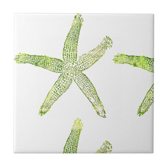 Starfish Coastal Beach Grey Green White Modern Ceramic Tile (Front)