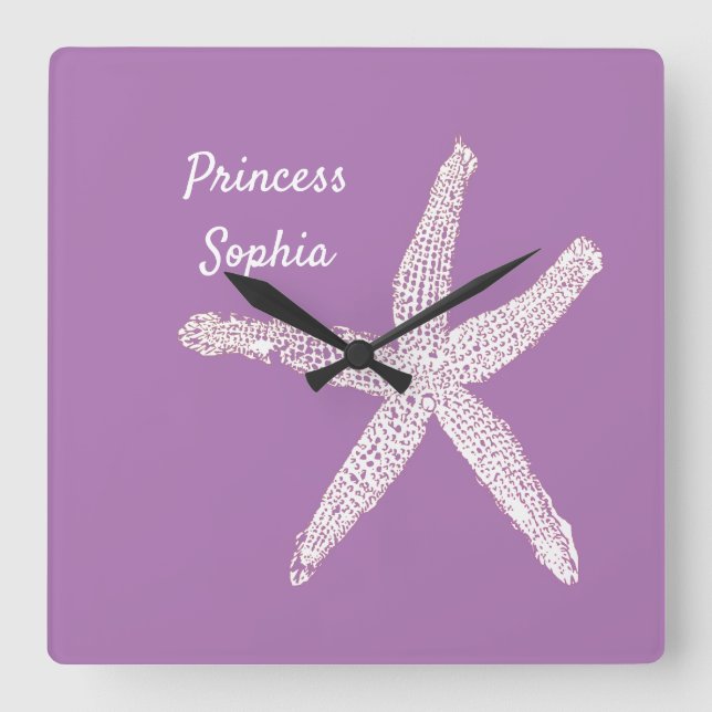 Starfish Coastal Beach Lavender Name Template Cute Square Wall Clock (Front)