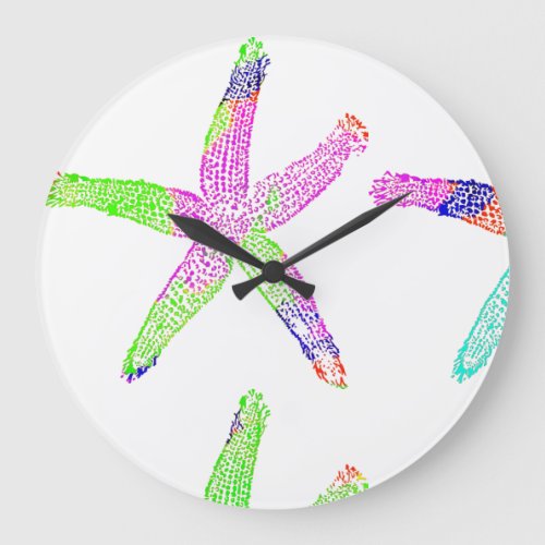 Starfish Coastal Beach Multicolor Patterns White Large Clock