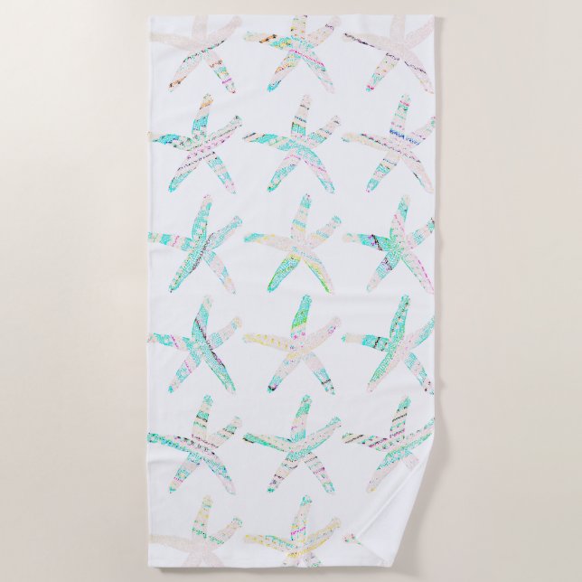 Starfish Coastal Beach Multicolor Teal Blue White Beach Towel (Front)