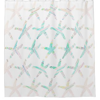 Starfish Coastal Beach Multicolor Teal Blue White Shower Curtain