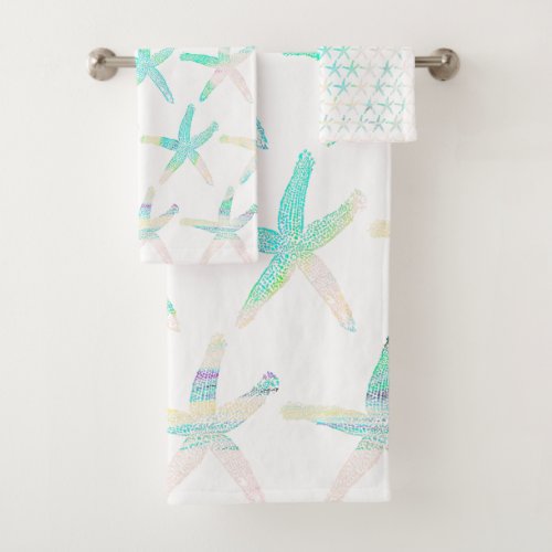 Starfish Coastal Beach Multicolor Teal Pretty Cute Bath Towel Set