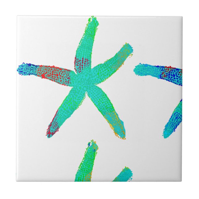 Starfish Coastal Beach Multicolor Teal White Cool Ceramic Tile (Front)