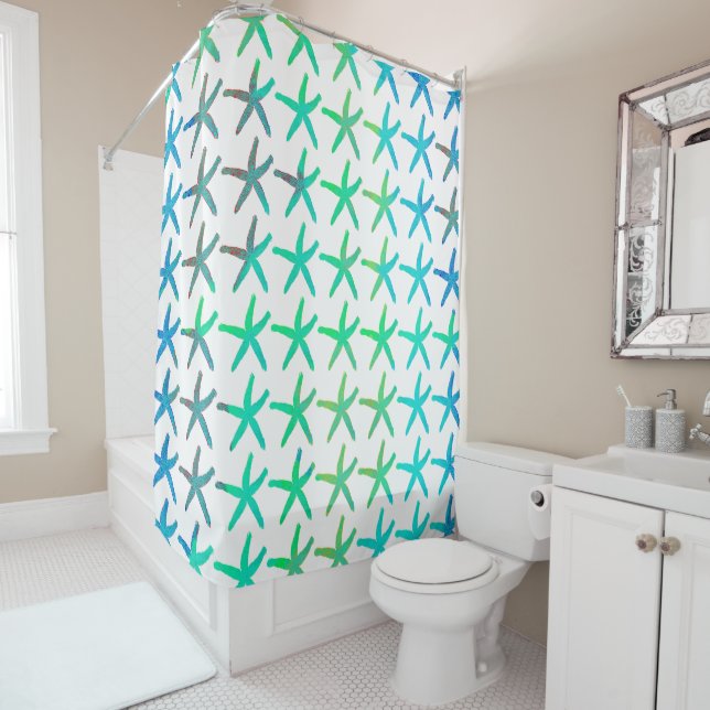 Starfish Coastal Beach Multicolor Teal White Cool Shower Curtain (In Situ)