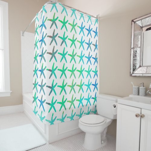 Starfish Coastal Beach Multicolor Teal White Cute Shower Curtain