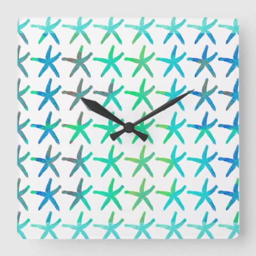 Starfish Coastal Beach Multicolor Teal White Cute  Square Wall Clock