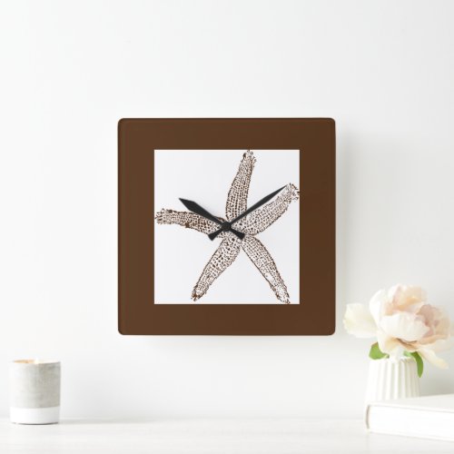 Starfish Coastal Beach Rustic Brown White Trendy Square Wall Clock