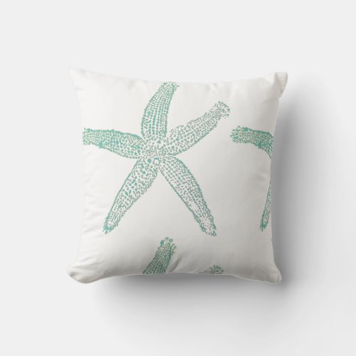 Starfish Coastal Beach Teal Blue Green White Gift Throw Pillow
