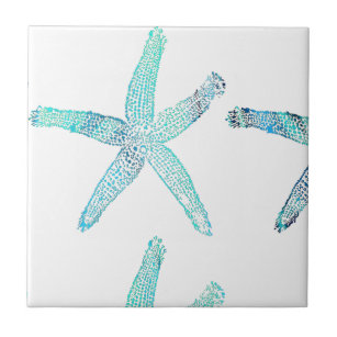 Starfish Coastal Beach Teal Blue White Nautical Ceramic Tile