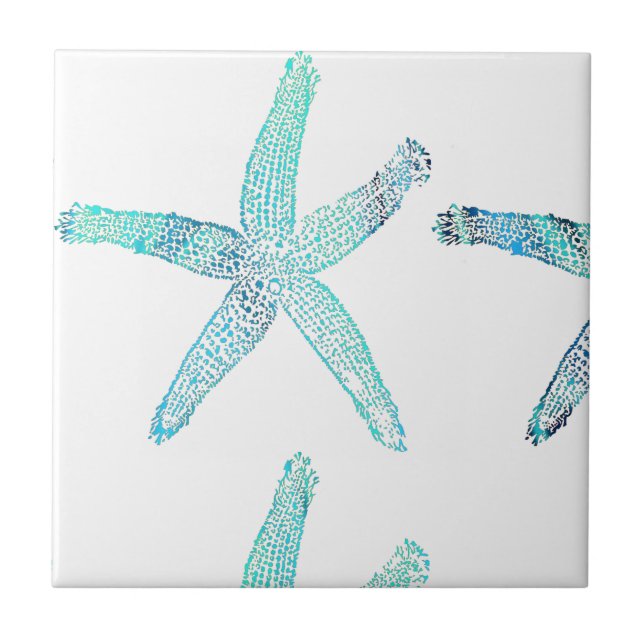 Starfish Coastal Beach Teal Blue White Nautical Ceramic Tile (Front)