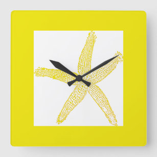 Starfish Coastal Beach Theme Yellow White Cool Square Wall Clock