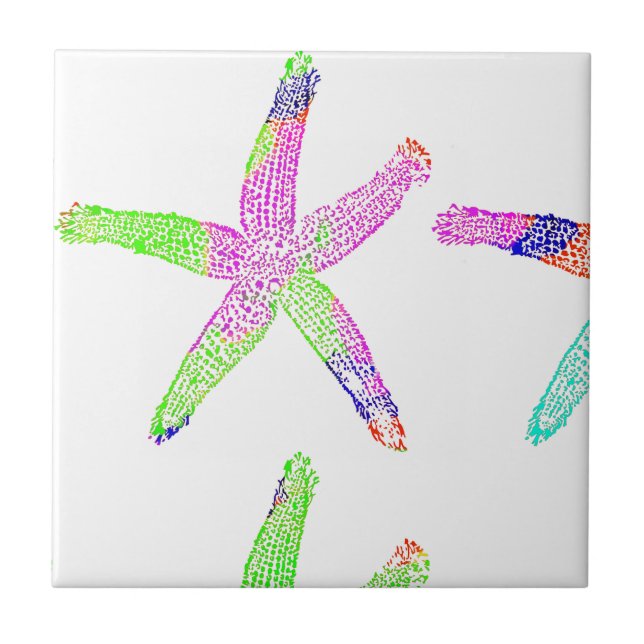 Starfish Coastal Beach White Multicolor Patterns Ceramic Tile (Front)
