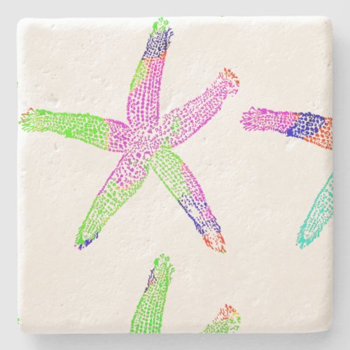 Starfish Coastal Beach White Multicolor Patterns Stone Coaster