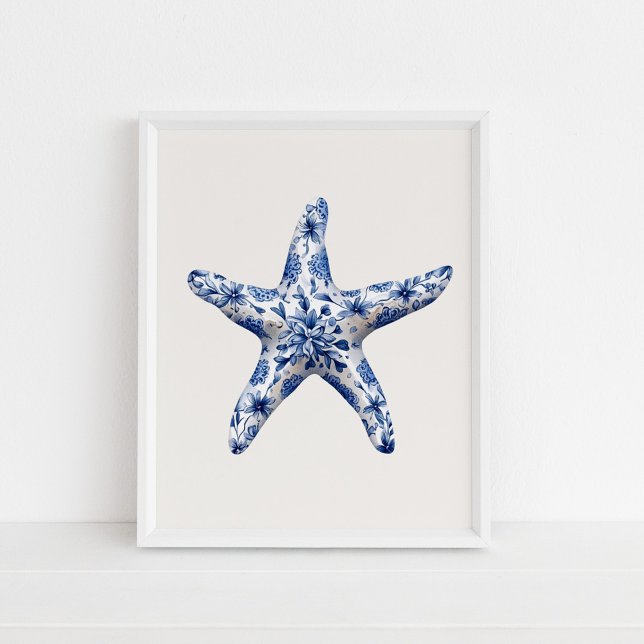 Starfish – Coastal Blue on Beige Wall Art (Starfish – Coastal Blue on Beige Wall Art in a white frame on the floor)
