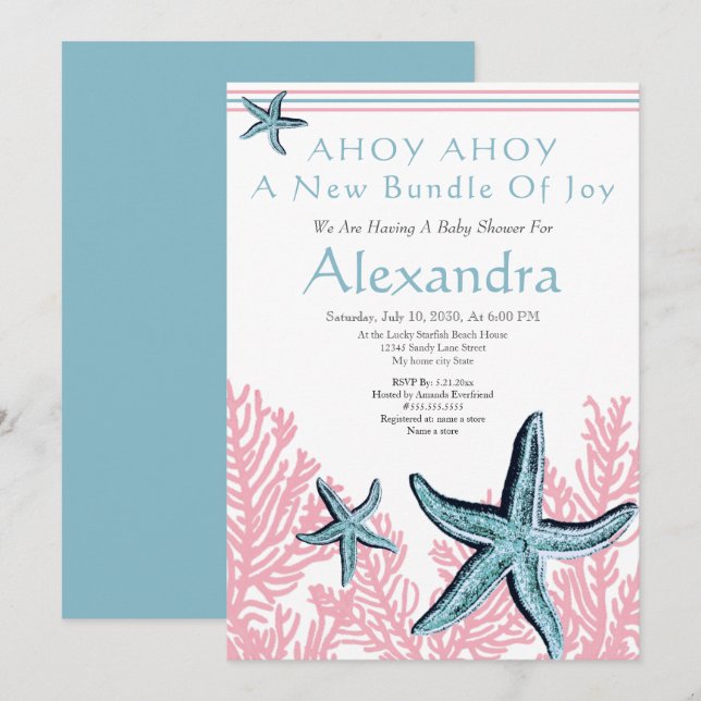 Starfish Coral Baby Shower invitation Dusty Blue (Front/Back)