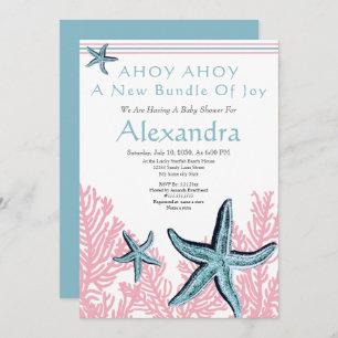 Starfish Coral Baby Shower invitation Dusty Blue