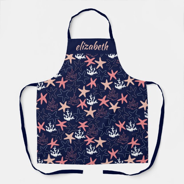 Starfish Coral Costal Print on Dark Blue Apron (Front)