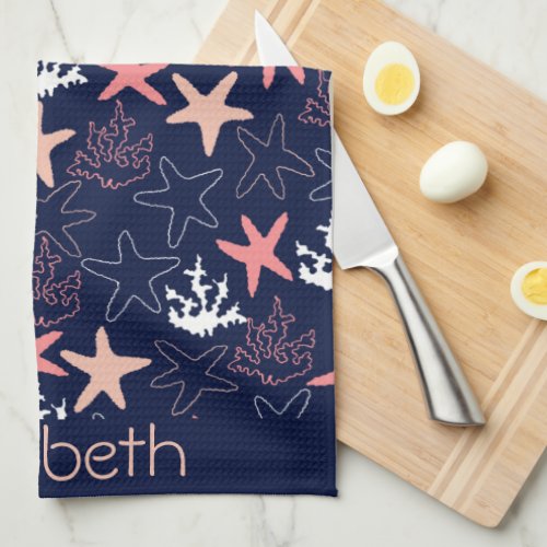 Starfish Coral Costal Print on Dark Blue Kitchen Towel