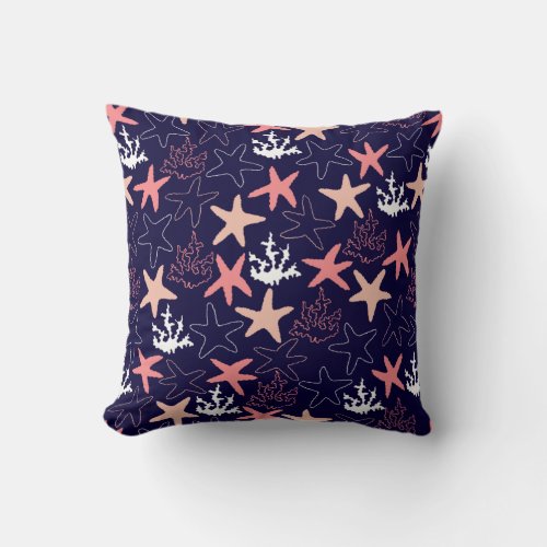 Starfish Coral Costal Print on Dark Blue Throw Pillow