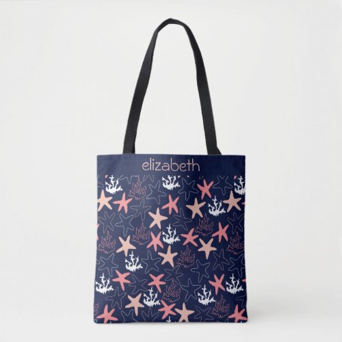 Starfish Coral Costal Print on Dark Blue Tote Bag