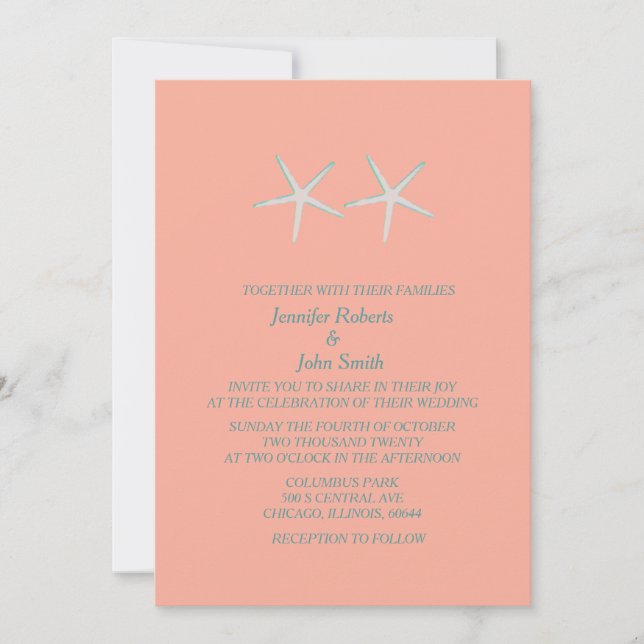 Starfish Coral Orange Grey Teal Nautical Wedding Invitation (Front)