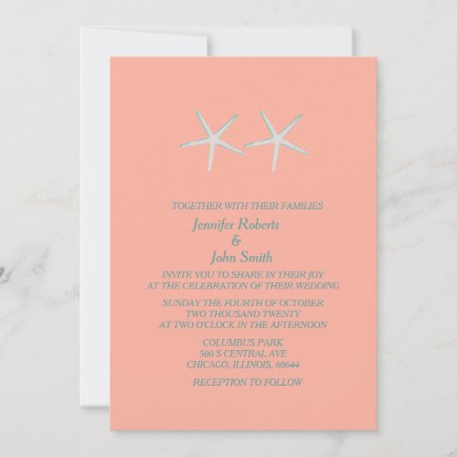 Starfish Coral Orange Grey Teal Nautical Wedding Invitation