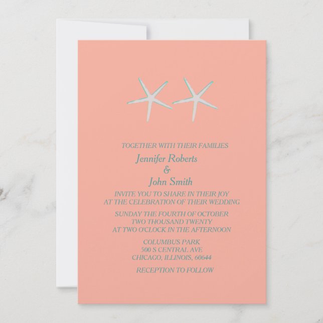 Starfish Coral Orange Nautical Wedding Kraft Invitation (Front)