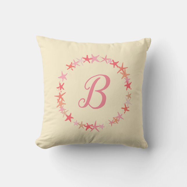 Starfish Coral Pink and Cream Monogram Throw Pillow (Front)