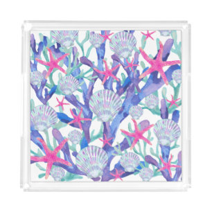 Starfish Coral Sealife Pink Purple Watercolor Acrylic Tray