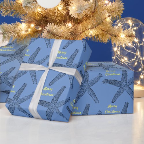 Starfish Cornflower Blue Yellow Merry Christmas Wrapping Paper