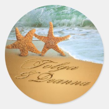 Starfish Couple Ask Me To Put Names In The Sand Classic Round Sticker by glamprettyweddings at Zazzle