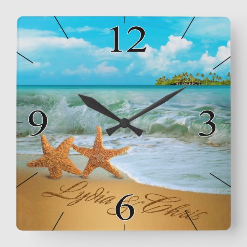 Starfish Couple ASK ME TO PUT NAMES IN THE SAND Square Wall Clock