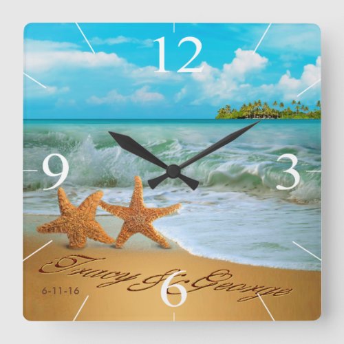 Starfish Couple ASK ME TO PUT NAMES IN THE SAND Square Wall Clock