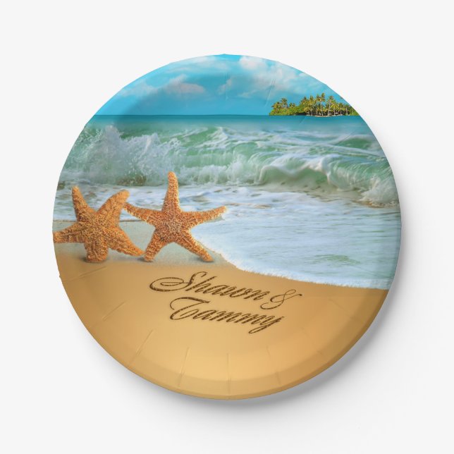 Starfish Couple ASK TO HAVE YOUR NAMES PUT IN SAND Paper Plates (Front)