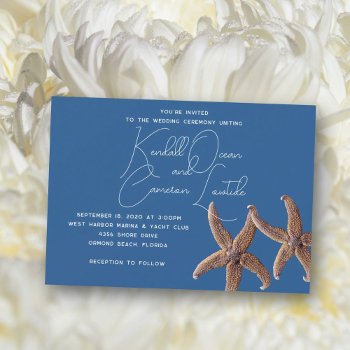 Starfish Couple Marine Blue Ceremony Invitation by sandpiperWedding at Zazzle