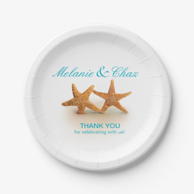 Starfish Couple on the Beach Party | teal Paper Plates (Front)