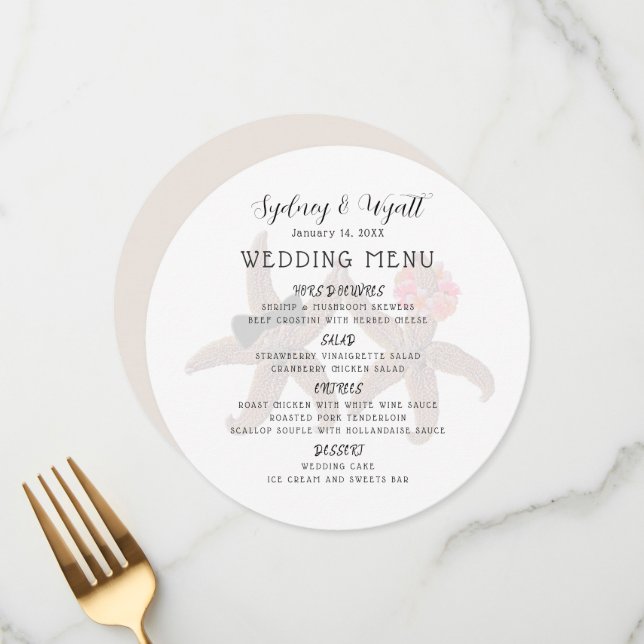 Starfish Couple Round Wedding Menu Template (Front/Back In Situ)