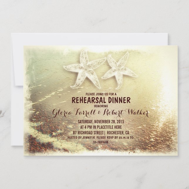 Starfish couple & sea foam beach rehearsal dinner invitation (Front)