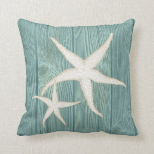 Starfish Cream Vintage Aqua Wood Pillow