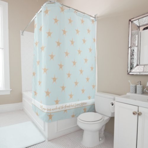 Starfish custom txt white stripe pastel light teal shower curtain